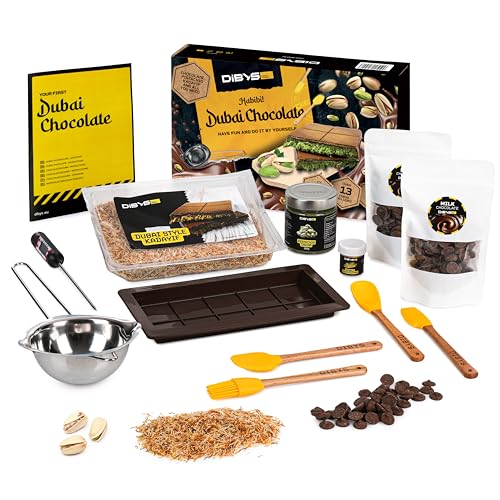 DiBYS Dubai Schokolade Set - Schokoladenform Silikon und Zutaten - 200g Pistaziencreme 300g Vollmilchschokolade und 200g Engelshaar Teigfäden Kadayif - Dubai Schokolade Form mit Essbarem Goldglitzer von DIBYS
