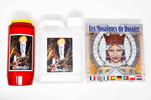 Lourdes Weihwasser - 1L mit Bild & 7 Tage / 7 Nacht rote Kerze mit Bild - Mosaik des Rosenkranzbuchs von DIRECT FROM LOURDES