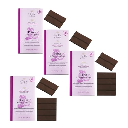 Dolfin® | Dunkle Schokolade 60% Birnen und Mandeln | Kakaoriegel 60% Birnen und geröstete Mandeln – 4 x 70 Gr von DOLFIN