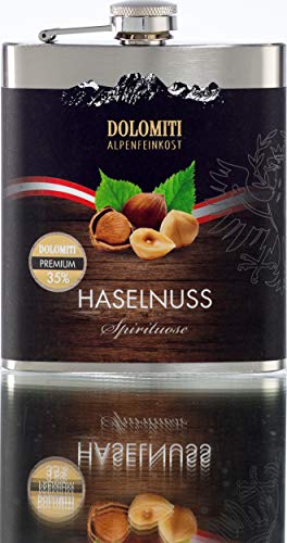 DOLOMITI Haselnuss Schnaps Flachmann │ Haselnuss Premium Spirituose 35% vol. │ Robuster, edler Flachmann aus Edelstahl │ 0.2 Liter von DOLOMITI ALPENFEINKOST