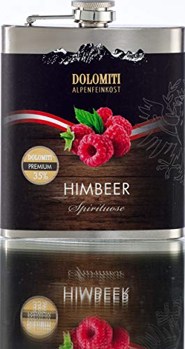 DOLOMITI Himbeer Schnaps Flachmann │ Himbeer Premium Spirituose 35% vol. │ robuster, edler Flachmann aus Edelstahl │ 0.2 Liter von DOLOMITI ALPENFEINKOST