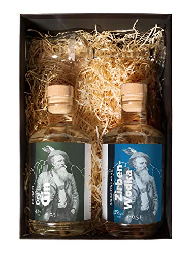 Geschenk-Set Dolomitenmann - Gin und Zirben-Wodka und Glas/Echtes aus den Bergen/Beste Qualität aus Österreich/Für alle Berg-Freunde/Alpines Geschenk/Bergliebhaber von DOLOMITI ALPENFEINKOST