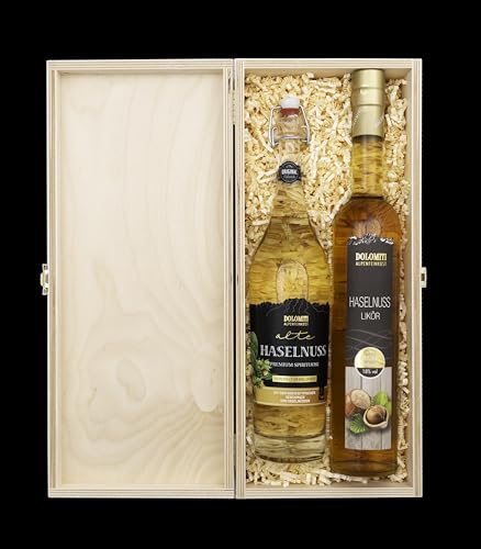 Geschenk-Set Dolomiti Haselnüsse 2er Set in Holzkiste/Alte Haselnuss Spirituose und Haselnuss Schnaps / 2 x 0,5 l/Beste Qualität aus Österreich/Für alle Berg-Freunde/Alpines Geschenk von DOLOMITI ALPENFEINKOST