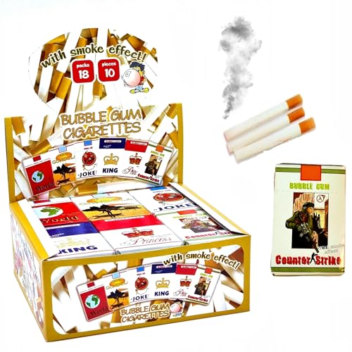 Bubble Gum Zigaretten mit Raucheffekt!1 volle Box mit 6 verschiedenen Sorten - insgesamt 18 Pakete, RETRO Candy aus den 90ern, süßer Retro Kaugummi, Vintage Gum von DONALD BUBBLE GUM