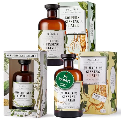 Dr Jaglas Kräuterlikör Mix - Artischocken Elixier + Golfers Ginseng + Maca Ginseng - Kräuterbitter Spirituosen mit 35% Vol. - 3x 500 ml Flaschen aus Deutschland Dr Jaglas Kräuterlikör Mix - Artischocken Elixier + Golfers Ginseng + Maca Ginseng - Kräuterbitter Spirituosen mit 35% Vol. - 3x 500 ml Flaschen aus Deutschland von DR. JAGLAS
