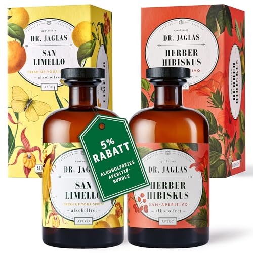 Dr Jaglas San Limello + Dr. Jaglas Herber Hibiskus jeweils alkoholfrei - alkoholfreier Aperitif als Alternative zu Limoncello und Spritz - herb fruchtig bitter & süß - Geschenkset 2x 500 ml von DR. JAGLAS