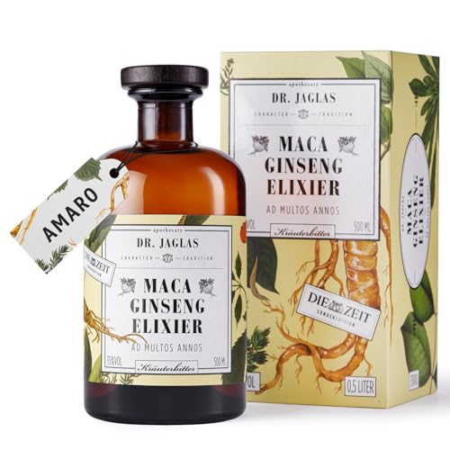 Dr. Jaglas Maca Ginseng-Elixier l DIE ZEIT Sonderedition | Kräuterlikör 35% Vol. - Bitter Schnaps aus Maca Extrakt | Kräuterbitter vegan als Aperitif oder für Longdrinks | 500ml Flasche aus Berlin von DR. JAGLAS