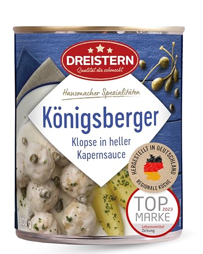DREISTERN Königsberger Klopse 800g I 8 Klopse in heller Kapernsauce I Herzhaftes Fertiggericht in recyclebarer Konservendose I Lange Haltbarkeit dank natürlicher Konservierung I Hausmacher Qualität DREISTERN Königsberger Klopse 800g I 8 Klopse in heller Kapernsauce I Herzhaftes Fertiggericht in recyclebarer Konservendose I Lange Haltbarkeit dank natürlicher Konservierung I Hausmacher Qualität von DREISTERN