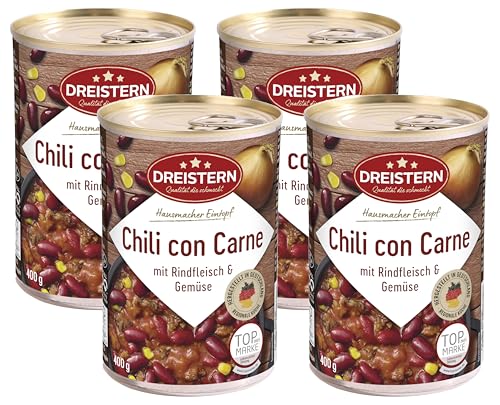 DREISTERN Chili con Carne 400g | Pikanter Eintopf in der recyclebaren Konservendose | viel Einlage mit Bohnen & Mais (Packung mit 4) von DREISTERN