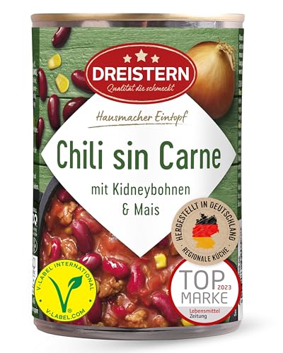 DREISTERN Chili sin Carne 400g I Veganer Eintopf mit Kidneybohnen & Mais I High-Protein mit hochwertigen Nährwerten I Lange Haltbarkeit & ohne zugesetzte Konservierungsstoffe I Hausmacher Qualität DREISTERN Chili sin Carne 400g I Veganer Eintopf mit Kidneybohnen & Mais I High-Protein mit hochwertigen Nährwerten I Lange Haltbarkeit & ohne zugesetzte Konservierungsstoffe I Hausmacher Qualität von DREISTERN