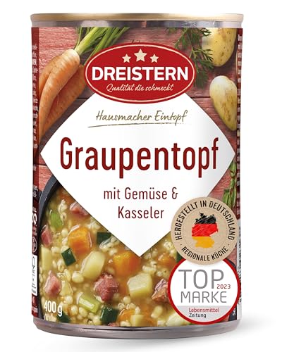 DREISTERN Graupentopf 400g I Mit Gartengemüse & Kasseler I Herzhafter Eintopf in recyclebarer Konservendose I Lange Haltbarkeit dank natürlicher Konservierung I Hausmacher Qualität von DREISTERN