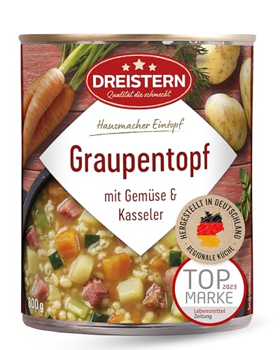 DREISTERN Graupentopf 800g I Mit Gartengemüse & Kasseler I Herzhafter Eintopf in recyclebarer Konservendose I Lange Haltbarkeit dank natürlicher Konservierung I Hausmacher Qualität von DREISTERN