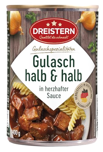 DREISTERN Gulasch vom Rind & Schwein 400g I Mit pikanter Sauce I Herzhaftes Fertiggericht in recyclebarer Konservendose I Lange Haltbarkeit dank natürlicher Konservierung I Hausmacher Qualität von DREISTERN