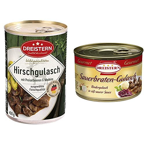 DREISTERN Hirsch Edelgulasch, 400 gramm & Sauerbraten Gulasch - leckeres Gulasch in der praktischen recycelbaren Konserve, 400 gramm von DREISTERN