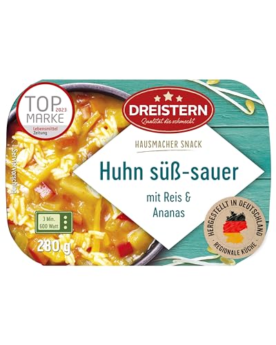 DREISTERN Huhn Süß-Sauer 280g I Mit Ananas & Reis I Herzhaftes Fertiggericht in Mikrowellenschale I Lange Haltbarkeit dank natürlicher Konservierung I Hausmacher Qualität von DREISTERN