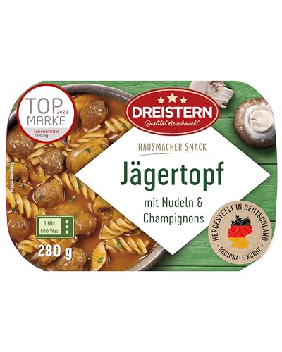 DREISTERN Jägertopf 280g I Mit Champignons & Nudeln I Herzhaftes Fertiggericht in Mikrowellenschale I Lange Haltbarkeit dank natürlicher Konservierung I Hausmacher Qualität von DREISTERN