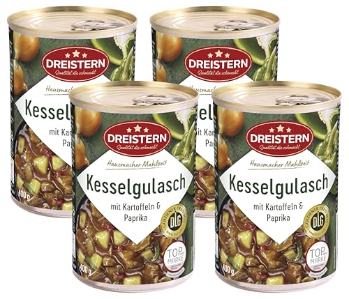 DREISTERN Kesselgulasch mit Kartoffeln und Paprika 400 g | leckeres Fertiggericht in der praktischen recycelbaren Konserve | Hausmacher Mahlzeit mit viel Fleisch und Gemüse (Packung mit 4) von DREISTERN