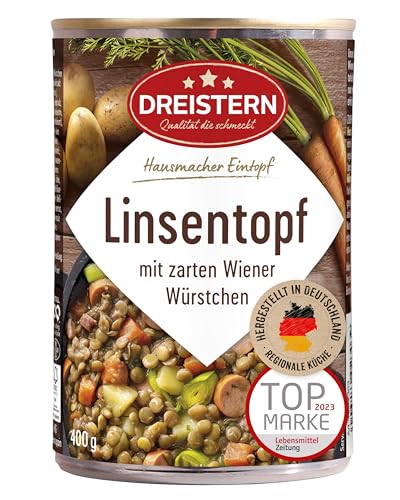 DREISTERN Linseneintopf Mit Wiener Würstchen 400 G | Leckerer Eintopf Mit Viel Einlage In Der Praktischen Recycelbaren Konserve | Hausmacher Eintopf Mit Viel Fleisch Und Gemüse von DREISTERN