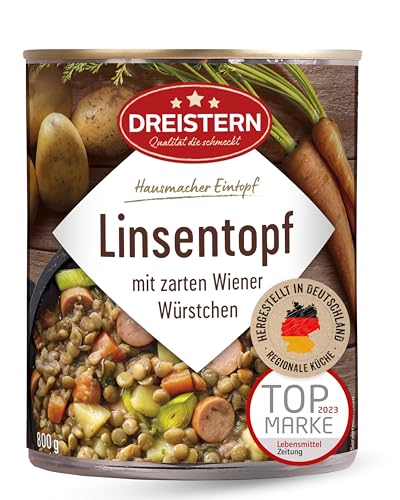 DREISTERN Linsentopf 800g I Mit Wiener Würstchen & Gemüse I Herzhafter Eintopf in recyclebarer Konservendose I Lange Haltbarkeit dank natürlicher Konservierung I Hausmacher Qualität von DREISTERN