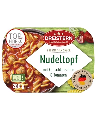 DREISTERN Nudeltopf 280g I Mit Fleischbällchen & Tomaten I Herzhaftes Fertiggericht in Mikrowellenschale I Lange Haltbarkeit dank natürlicher Konservierung I Hausmacher Qualität von DREISTERN