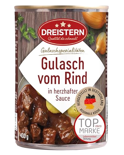 DREISTERN Rindergulasch 400g I Mit pikanter Sauce I Herzhaftes Fertiggericht in recyclebarer Konservendose I Lange Haltbarkeit dank natürlicher Konservierung I Hausmacher Qualität DREISTERN Rindergulasch 400g I Mit pikanter Sauce I Herzhaftes Fertiggericht in recyclebarer Konservendose I Lange Haltbarkeit dank natürlicher Konservierung I Hausmacher Qualität von DREISTERN