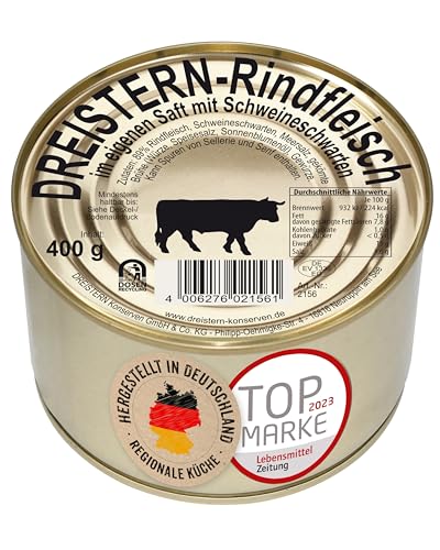 DREISTERN Rindfleisch im eigenen Saft 400g I Mit Schweineschwarte I Proteinreiche Spezialität in recyclebarer Goldlackdose I Lange Haltbarkeit dank natürlicher Konservierung I Hausmacher Qualität von DREISTERN