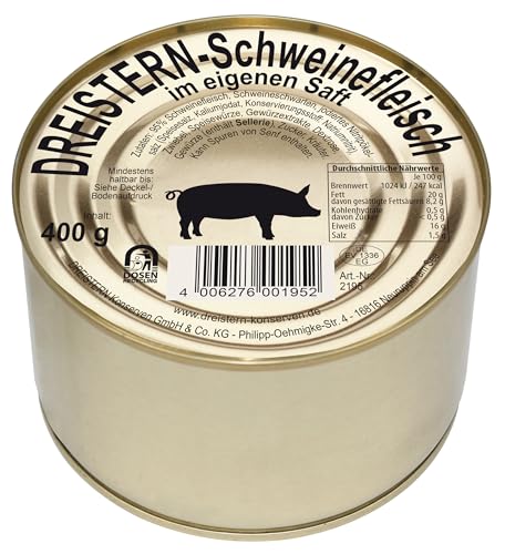DREISTERN Schweinefleisch im eigenen Saft 400g I Mit Schweineschwarte I Herzhafte Spezialität in recyclebarer Goldlackdose I Lange Haltbarkeit dank natürlicher Konservierung I Hausmacher Qualität von DREISTERN