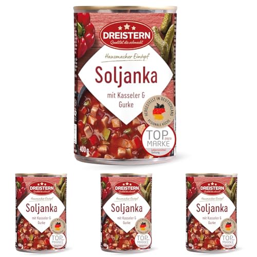 DREISTERN Soljanka 400g I Mit Kasseler & Gurke I Herzhafter Eintopf in recyclebarer Konservendose I Lange Haltbarkeit dank natürlicher Konservierung I Hausmacher Qualität (Packung mit 4) von DREISTERN