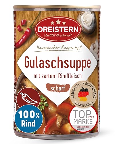DREISTERN scharfe Gulaschsuppe 400g I Mit zartem Rindfleisch & Gemüse I Pikanter Eintopf in recyclebarer Konservendose I Lange Haltbarkeit dank natürlicher Konservierung I Hausmacher Qualität von DREISTERN