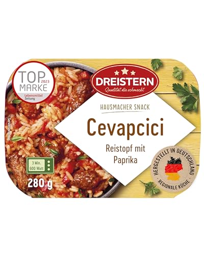 DREISTERN Cevapcici 280g I Mit Paprika & Reis I Herzhaftes Fertiggericht in Mikrowellenschale I Lange Haltbarkeit dank natürlicher Konservierung I Hausmacher Qualität DREISTERN Cevapcici 280g I Mit Paprika & Reis I Herzhaftes Fertiggericht in Mikrowellenschale I Lange Haltbarkeit dank natürlicher Konservierung I Hausmacher Qualität von DREISTERN
