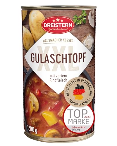 DREISTERN Gulaschsuppe 1200g I Mit Rindfleisch & Gemüse I XXL Herzhafter Eintopf in recyclebarer Konservendose I Lange Haltbarkeit dank natürlicher Konservierung I Hausmacher Qualität DREISTERN Gulaschsuppe 1200g I Mit Rindfleisch & Gemüse I XXL Herzhafter Eintopf in recyclebarer Konservendose I Lange Haltbarkeit dank natürlicher Konservierung I Hausmacher Qualität von DREISTERN
