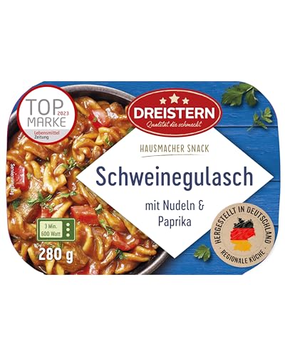 DREISTERN Schweinegulasch 280g I Mit Nudeln & Paprika I Herzhaftes Fertiggericht in Mikrowellenschale I Lange Haltbarkeit dank natürlicher Konservierung I Hausmacher Qualität von DREISTERN