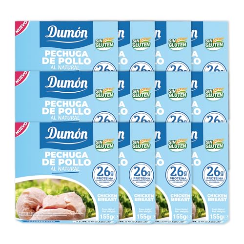 12 Einheiten von 155g. Dumon Hähnchenbrust in Dosen. Hühnchen im eigenen Saft oder Wasser. Konserven mit hohem Proteingehalt, 26 g pro 100 g natürliches Huhn. Leicht zu öffnen. von DUMON