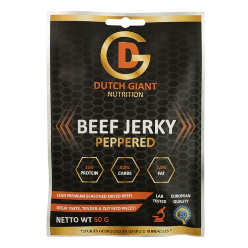 Dutch Giant Beef Jerky Peppered | 10 x 50 gram | Jerky Trockenfleish für menschen | Low-Carb, Hochprotein Snack | Knabberartikel | Gym Jerky 500g | Olivier Richters | Musclemeat | 100% Rindfleisch Dutch Giant Beef Jerky Peppered | 10 x 50 gram | Jerky Trockenfleish für menschen | Low-Carb, Hochprotein Snack | Knabberartikel | Gym Jerky 500g | Olivier Richters | Musclemeat | 100% Rindfleisch von DUTCH GIANT