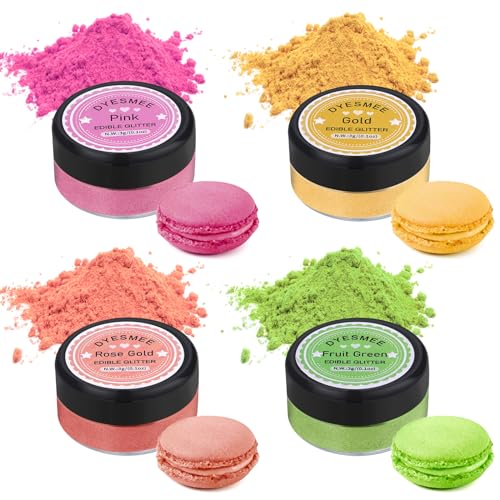 Essbares Glitzer Set – 4 Farben Essbarer Glitzer für Getränke, Glitzerpuder für Cocktails, Kuchendekoration, Kekse, Erdbeeren, Schokolade, 100% lebensmittelechtes Streusel Glitzerpulver (3g/Flasche) von DYESMEE
