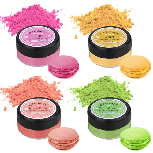 Essbares Glitzer Set – 4 Farben Essbarer Glitzer für Getränke, Glitzerpuder für Cocktails, Kuchendekoration, Kekse, Erdbeeren, Schokolade, 100% lebensmittelechtes Streusel Glitzerpulver (4g/Flasche) von DYESMEE