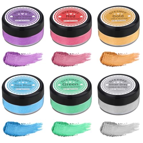 Essbares Glitzer Set – 6 Farben Essbarer Glitzer für Getränke, Glitzerpuder für Cocktails, Kuchendekoration, Kekse, Erdbeeren, Schokolade, 100% lebensmittelechtes Streusel Glitzerpulver (4g/Flasche) von DYESMEE