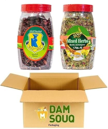 Damsouq® Lose Tee blätter Mix Packung Blue Mill Hibiscus und Herbal Mix Tee (2x 100 Gramm) von Damsouq