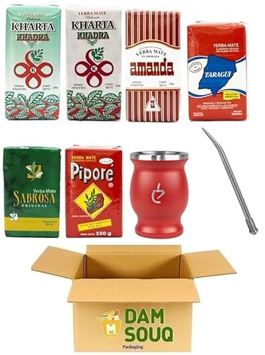 Damsouq® Mate-Tee-Mischpackung - Starterpackung - Pipori, Trgui, Amanda, Sabrosa, Kharta Weiß, Grün, Stroh und Tasse (6x 250GR) von Damsouq