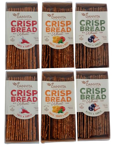 Danvita Crisp Bread 6 x 130g | 2 x Chili & Garlic | 2 x Olives & Garlic | 2 x Cheese, Tomato & Basil | Knusperbrot | Cracker von Danvita
