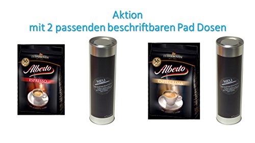 Alberto Kaffee-Pads Crema á 7g, 36er + Alberto Kaffee-Pads Espresso á 7g, 36er + 2 grosse beschriftbare Paddosen Alberto Kaffee-Pads Crema á 7g, 36er + Alberto Kaffee-Pads Espresso á 7g, 36er + 2 grosse beschriftbare Paddosen von Fairtrade J.J.Darboven