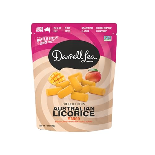 Darrell Lea Weiches australisches Lakritz, Mango-Geschmack, 200 ml Beutel (1er-Pack), gentechnikfrei, kein Palmöl, pflanzlich, kein Maissirup mit hohem Fruktosegehalt, weiche und kauige von Darrell Lea