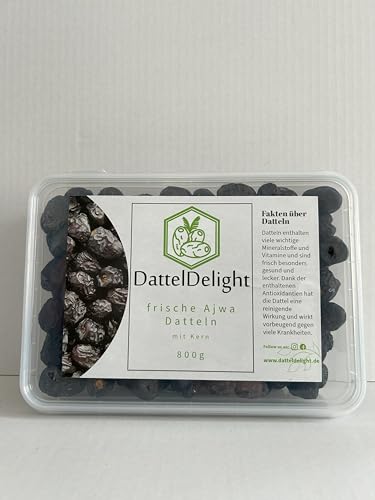 DattelDelight Frische Ajwa Datteln, Natürlich süßer Geschmack, Vegan und Glutenfrei, Mit Kern, Nachhaltig verpackt, Ajwa, Datteln (800 gramm) von DattelDelight