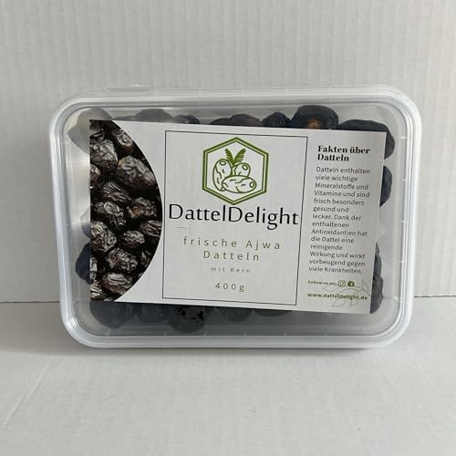 DattelDelight Frische Ajwa Datteln, Vegan & Glutenfrei mit Kern, nachhaltig verpackt, natürlich süß ohne Zuckerzusatz - Saftige Konsistenz, reichhaltiges Fruchtfleisch für Snacks & Backen, 400g DattelDelight Frische Ajwa Datteln, Vegan & Glutenfrei mit Kern, nachhaltig verpackt, natürlich süß ohne Zuckerzusatz - Saftige Konsistenz, reichhaltiges Fruchtfleisch für Snacks & Backen, 400g von DattelDelight