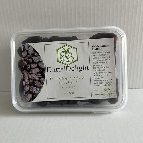 DattelDelight Frische Safawi Datteln, Natürlich süßer Geschmack, Vegan und Glutenfrei, Mit Kern, Nachhaltig verpackt, Safawi, Datteln (400 gramm) von DattelDelight