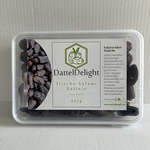 DattelDelight Frische Safawi Datteln, Vegan & Glutenfrei mit Kern, nachhaltig verpackt, natürlich süß ohne Zuckerzusatz - Saftige Konsistenz, reichhaltiges Fruchtfleisch für Snacks & Backen, 800g von DattelDelight