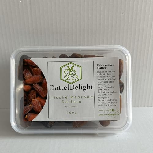 DattelDelight Frische Mabroom Datteln, Vegan & Glutenfrei mit Kern, nachhaltig verpackt, natürlich süß ohne Zuckerzusatz - Saftige Konsistenz, reichhaltiges Fruchtfleisch für Snacks & Backen, 400g von DattelDelight