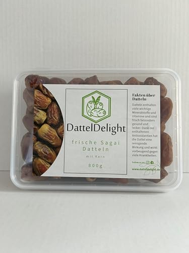 DattelDelight Frische Sagai Datteln, Vegan & Glutenfrei mit Kern, nachhaltig verpackt, natürlich süß ohne Zuckerzusatz - Saftige Konsistenz, reichhaltiges Fruchtfleisch für Snacks & Backen, 800g von DattelDelight