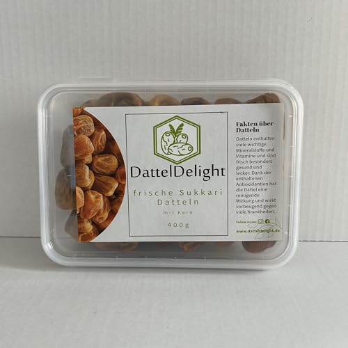 DattelDelight Frische Sukkari Datteln (400g), Vegan & Glutenfrei mit Kern, nachhaltig verpackt, natürlich süß ohne Zuckerzusatz - Saftige Konsistenz, reichhaltiges Fruchtfleisch für Snacks & Backen von DattelDelight
