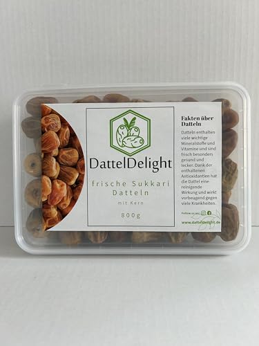 DattelDelight Frische Sukkari Datteln (800g), Vegan & Glutenfrei mit Kern, nachhaltig verpackt, natürlich süß ohne Zuckerzusatz - Saftige Konsistenz, reichhaltiges Fruchtfleisch für Snacks & Backen von DattelDelight